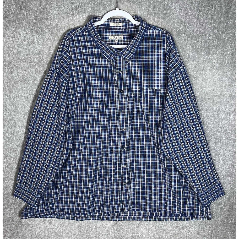 Foxfire Button Down Flannel Shirt Mens Size 5XB Blue Plaid Cotton Long Sleeve